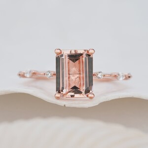 Vintage 2 Carat Pink Morganite Engagement Ring, Unique 14K Rose Gold Emerald Cut Morganite Promise Ring, Art Deco Anniversary Wedding Ring