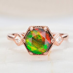 Vintage Natural Canadian Ammolite Engagement Ring, Hexagonal  Ammolite Wedding Promise Ring, Ancient Fossil Anniversary Meaningful Ring