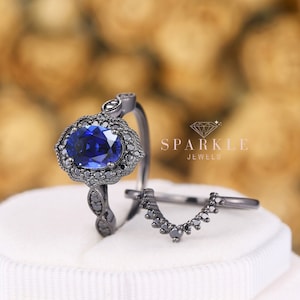 Black Gold Oval Shape Blue Sapphire Halo Engagement Ring Set, Gothic Black Floral Bridal Set Black Wedding Ring, Black Promise Ring Gift