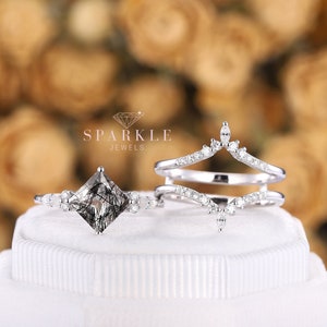 Unique Princess Cut Black Rutilated Quartz Engagement Ring Set, 14K White Gold Ring Guard Rutilated Bridal Set, Connected Band Wedding Ring