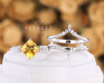 Unique Princess Cut Citrine Engagement Ring Set, 14K White Gold Connected Band Ring Guard Spacer, Vintage Citrine Bridal Set Wedding Ring