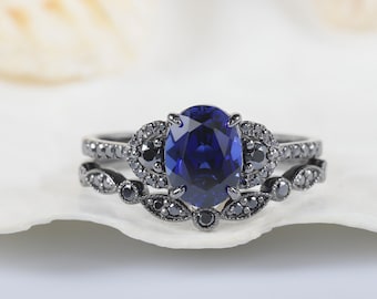 Rhodium Black Gold Finish Blue Sapphire Engagement Ring Set, Vintage Black Moissanite Sapphire Bridal Set, Unique Oval Sapphire Wedding Set