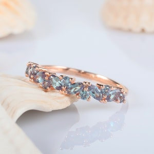 Alexandrite Wedding Band, Half Eternity Alexandrite Matching Band, 14k Rose Gold Alexandrite Straight Band, Marquise Alexandrite Gold Ring.