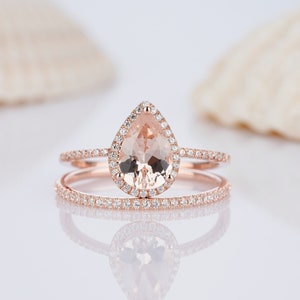 Vintage Pink Morganite and Diamond Engagement Ring Set, Pear Morganite 14K Rose Gold Wedding Set, Morganite Promise Halo Bridal Set for her