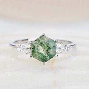 Vintage Hexagon Natural Moss Agate Engagement Ring, Unique 14K White Gold or 925 Sterling Silver Agate Promise Ring, Art Deco Wedding Ring