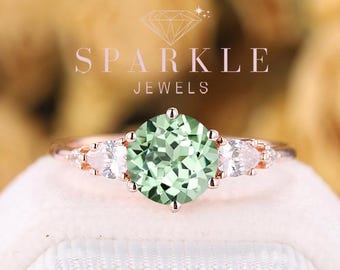 ヴィンテージラウンドグリーンティールサファイアリングセット、5石14Kゴールドリング、結婚指輪、婚約指輪、記念日ギフト、女性向けプロミスカスタムジュエリー