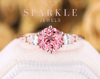 Vintage Padparadscha Pink Sapphire Engagement Ring, Five Stone Ring, Unique Rose Gold Wedding Ring, Promise Ring Anniversary Gift for Women