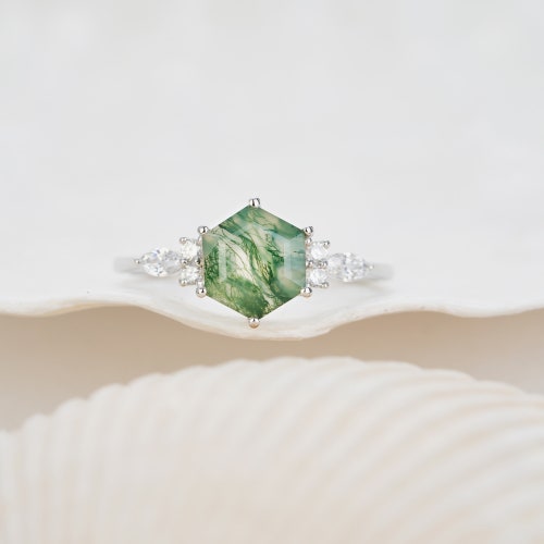 Vintage Natural Green Tree Moss Agate Engagement Ring Unique 14K White Gold Sterling Silver shops Hexagon Cut Agate Promise Wedding Ring for Women
