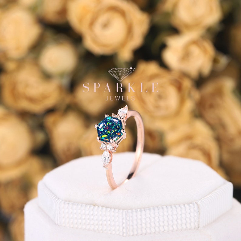 Dainty Hexagon Black Fire Opal Engagement Ring, Unique Mixed Fire Opal Wedding Ring, Art Deco Rose Gold Opal Promise Ring Gift For Women image 4