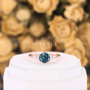 Dainty Hexagon Black Fire Opal Engagement Ring, Unique Mixed Fire Opal Wedding Ring, Art Deco Rose Gold Opal Promise Ring Gift For Women image 2