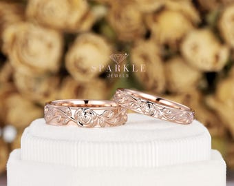 Rose June Birth Flower Band, Hand Stamp Flower Promise Ring, Nature Inspired Floral Couple Engagement Ring Set, His and Hers Wedding Rings