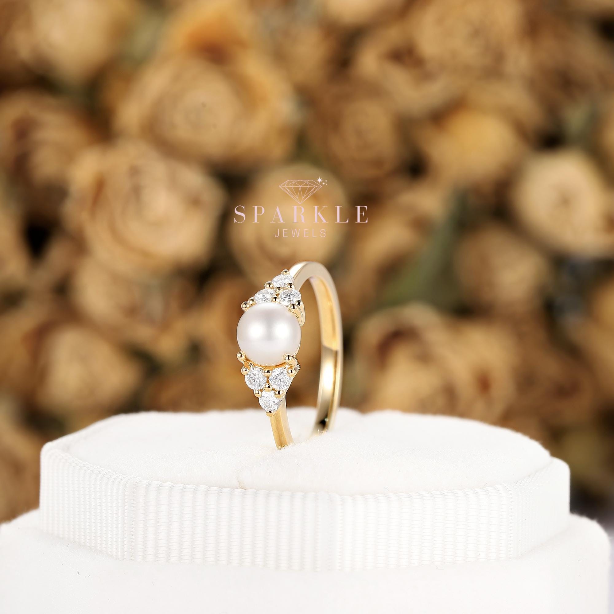 Vintage 5.5mm Natural Saltwater Pearl Engagement Ring, Unique 14K Yellow Gold Promise Wedding Ring Custom Jewelry June Birth Gift for Women