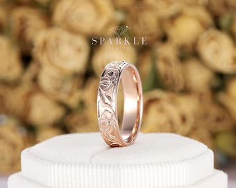 Augest Birth Flower Band, Hand Stamp Flower Promise Ring, Nature Inspired Floral Couple Engagement Ring Set, His and Hers Wedding Ring Set