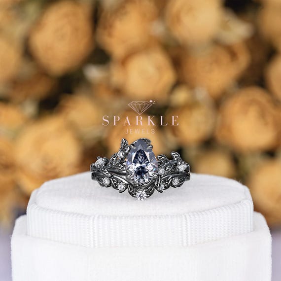Gothic Black Gold Pear Cut Gray Moissanite Leaf Engagement Ring