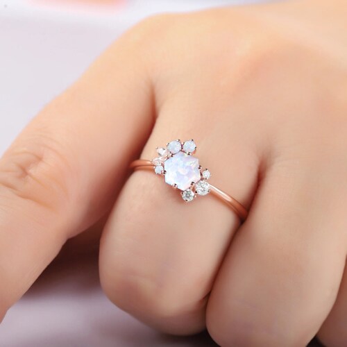 Vintage Hexagon White Opal Ring, Opal Cluster engagement Ring, White Fire Opal Wedding Ring, Rose Gold October Birthstone Promise Ring sales