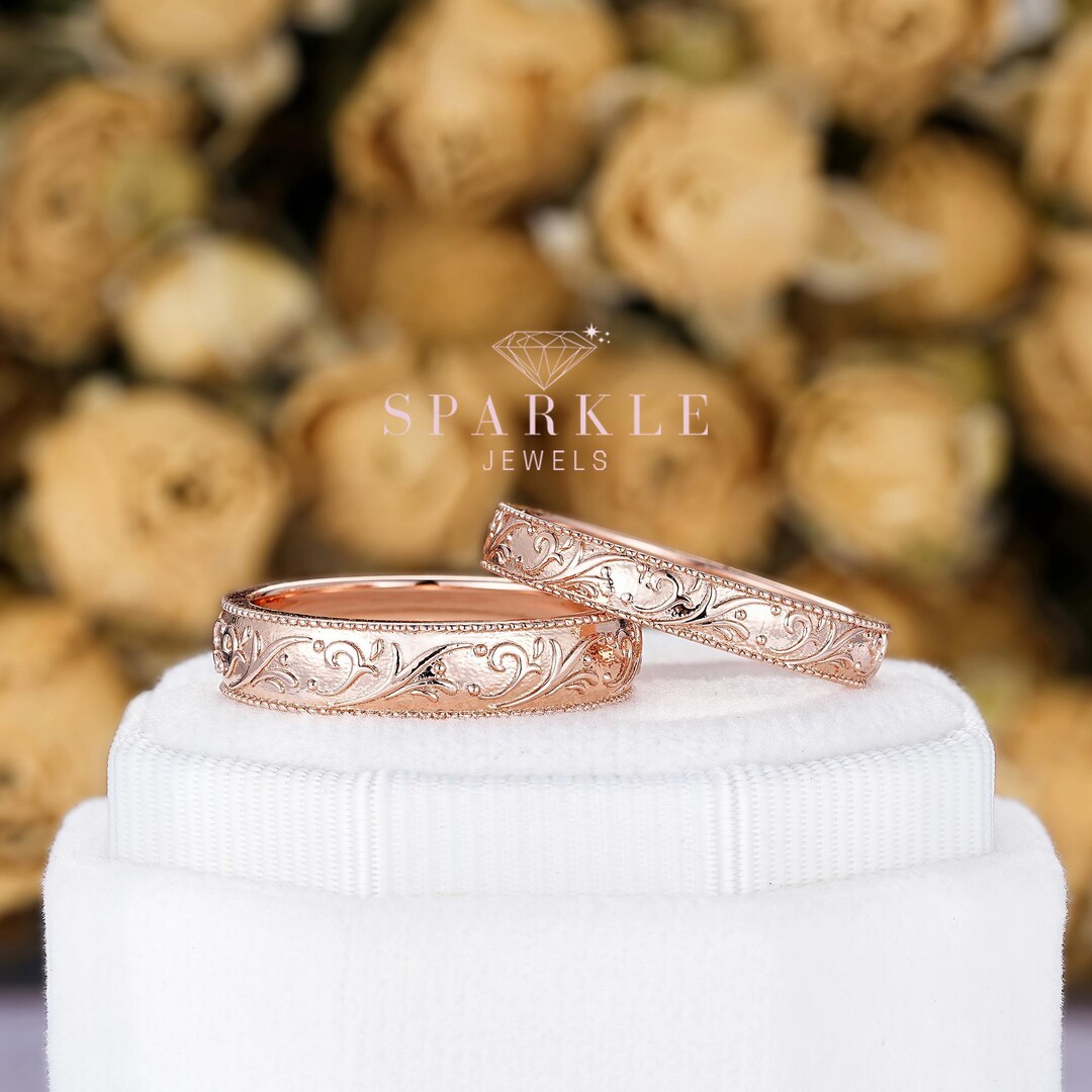 Nature Inspired Floral Couple Engagement Ring Set, Rose Gold Flower ...