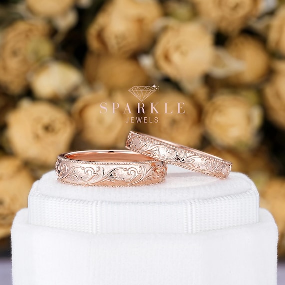 Nature Inspired Floral Couple Engagement Ring Set, Rose Gold