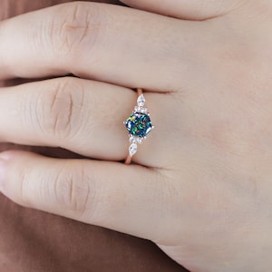 Dainty Hexagon Black Fire Opal Engagement Ring, Unique Mixed Fire Opal Wedding Ring, Art Deco Rose Gold Opal Promise Ring Gift For Women image 6