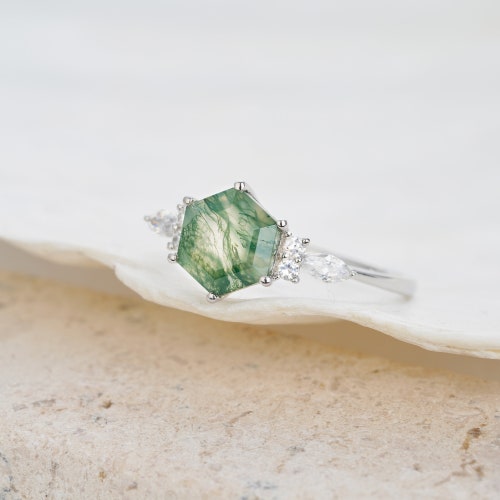 Vintage Natural Green Tree Moss Agate Engagement Ring Unique 14K White Gold Sterling Silver shops Hexagon Cut Agate Promise Wedding Ring for Women