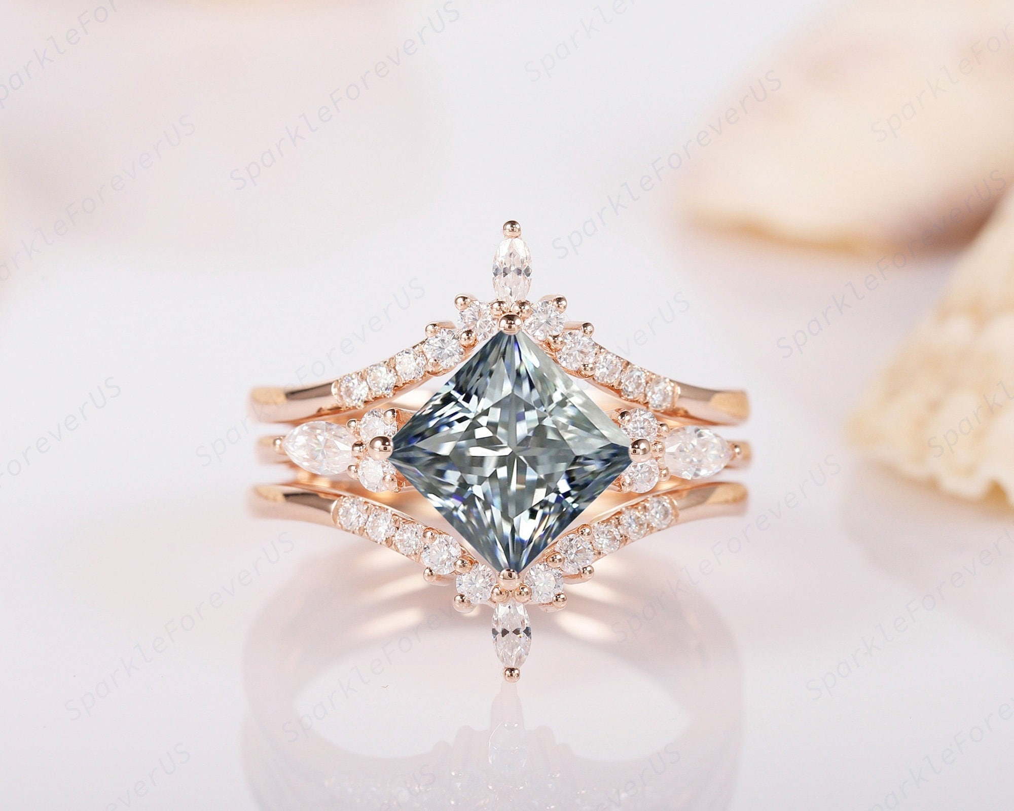 Buy Vintage Princess Cut Gray Moissanite 3PCS Ring Set, Grey Moissanite  Bridal Set With Connected Band, Engagement Wedding Set With Ring Guard  Online in India - Etsy