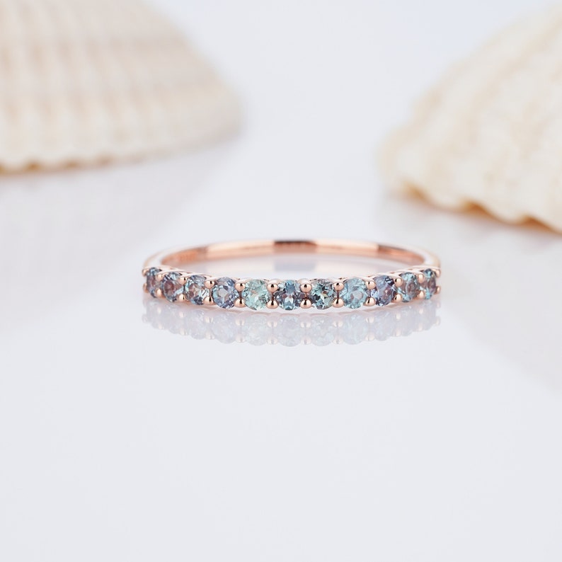 Vintage Alexandrite Wedding Band, Half Eternity shops Alexandrite Matching Band, 14k Rose Gold Straight Band, Silver Stackable Engagement Rings.