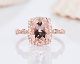 Vintage 2CT Cushion Cut Pink Morganite Halo Engagement Ring, Unique Peach Morganite Promise Ring 14K Rose Gold Wedding Ring Anniversary Gift