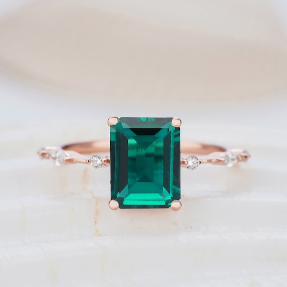 Vintage Green Emerald Engagement Ring Unique 14K Rose Gold Etsy