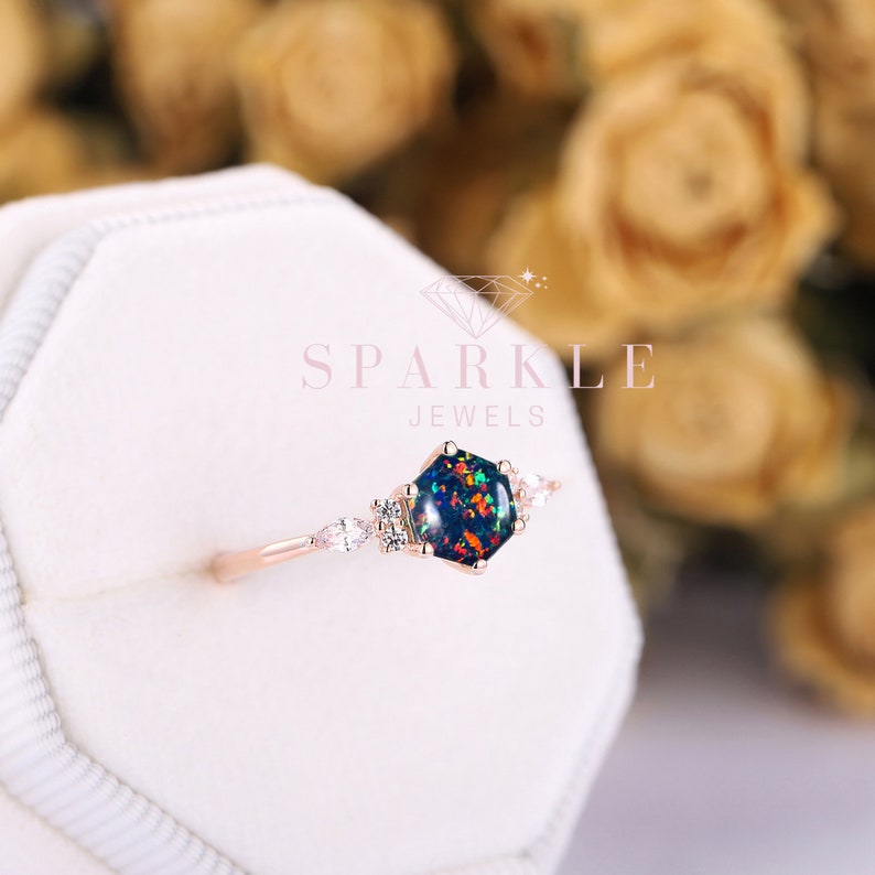 Dainty Hexagon Black Fire Opal Engagement Ring, Unique Mixed Fire Opal Wedding Ring, Art Deco Rose Gold Opal Promise Ring Gift For Women image 5