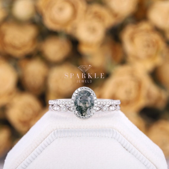 Vintage Oval Shape Moss Agate Halo Engagement Ring Set, Unique 14K White Gold Wedding Promise Ring Mossy Platinum Bridal Set Gifts for Women