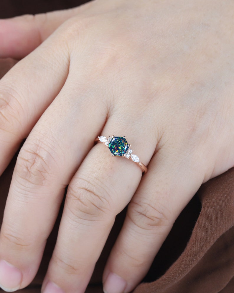 Dainty Hexagon Black Fire Opal Engagement Ring, Unique Mixed Fire Opal Wedding Ring, Art Deco Rose Gold Opal Promise Ring Gift For Women image 3