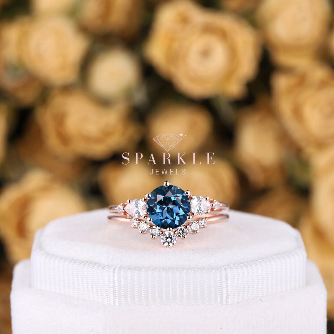 Unique Round Cut London Blue Topaz Engagement Ring Set, 14K Rose Gold ...