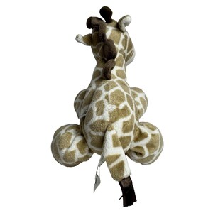 May include: A plush giraffe toy with brown spots on a white background. The giraffe is sitting with its legs tucked under its body and its head tilted back. The giraffe has a brown tail with a black tip.
