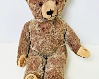 Antique Vtg Fully Jointed Straw Stuffed Teddy Bear Early 1900's Glass Eyes Brown