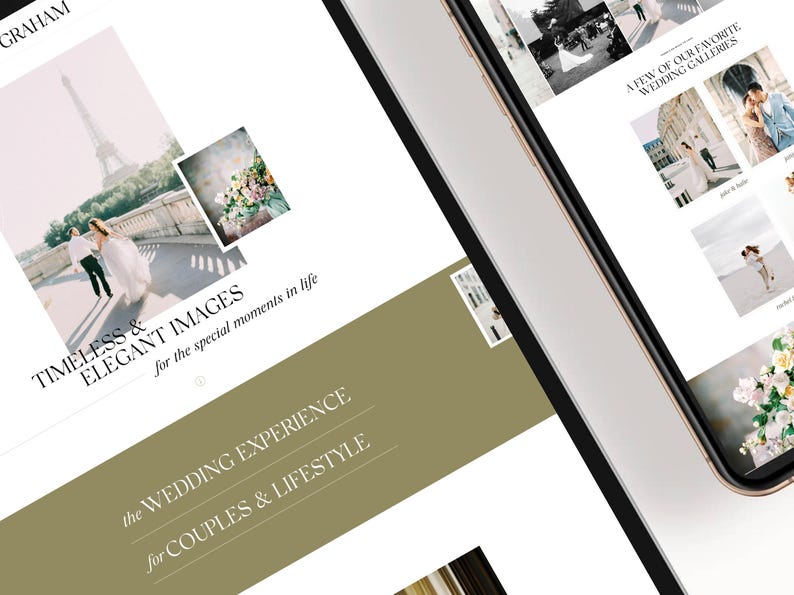 May include: A website homepage for a wedding photographer, featuring a couple walking hand-in-hand in front of the Eiffel Tower. The text "TIMELESS & ELEGANT IMAGES for the special moments in life" is displayed on the page. The website also features a gallery of wedding photos.