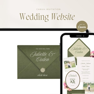 Green & Pink Floral Wedding Invitation Website Template, Editable Canva Design, RSVP Form, Wedding Invite, Digital Download image 1