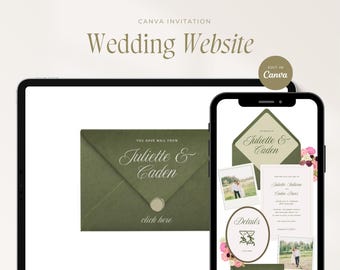 Green & Pink Floral Wedding Invitation Website Template, Editable Canva Design, RSVP Form, Wedding Invite, Digital Download