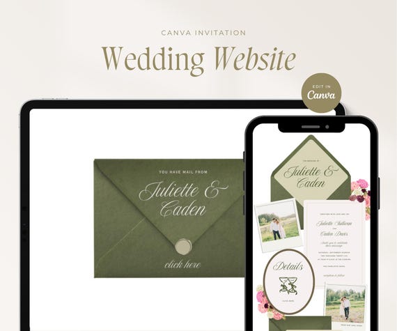 Green & Pink Floral Wedding Invitation Website Template, Editable Canva Design, RSVP Form, Wedding Invite, Digital Download