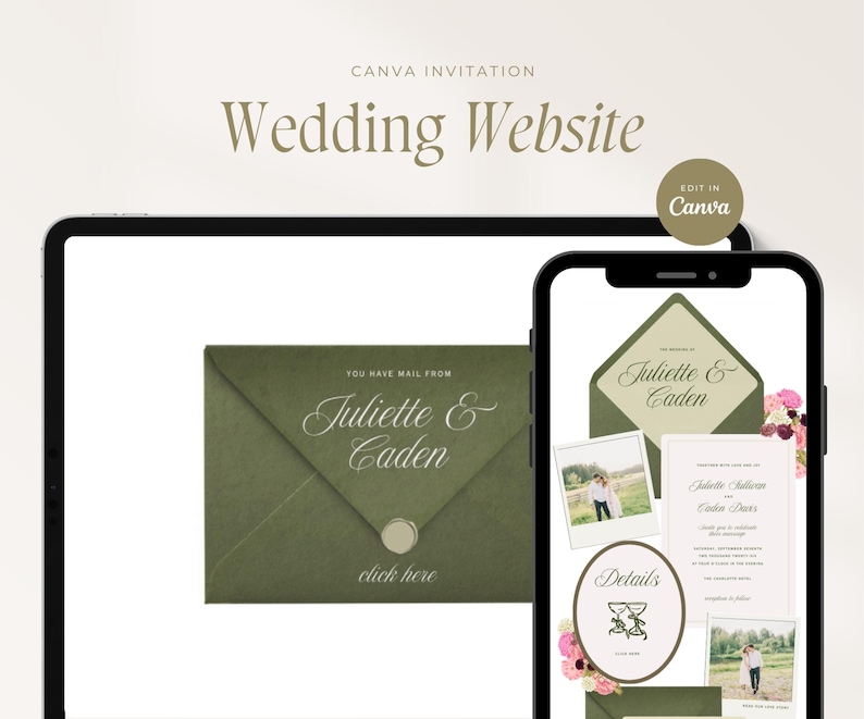 Green & Pink Floral Wedding Invitation Website Template, Editable Canva Design, RSVP Form, Wedding Invite, Digital Download image 1