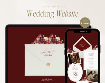 Burgundy Floral Wedding Invitation Website Template, Editable Canva Design, RSVP Form, Wedding Invite, Digital Download