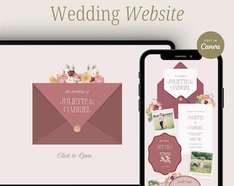 Pink Floral Wedding Invitation Website Template, Editable Canva Design, RSVP Form, Wedding Invite, Digital Download