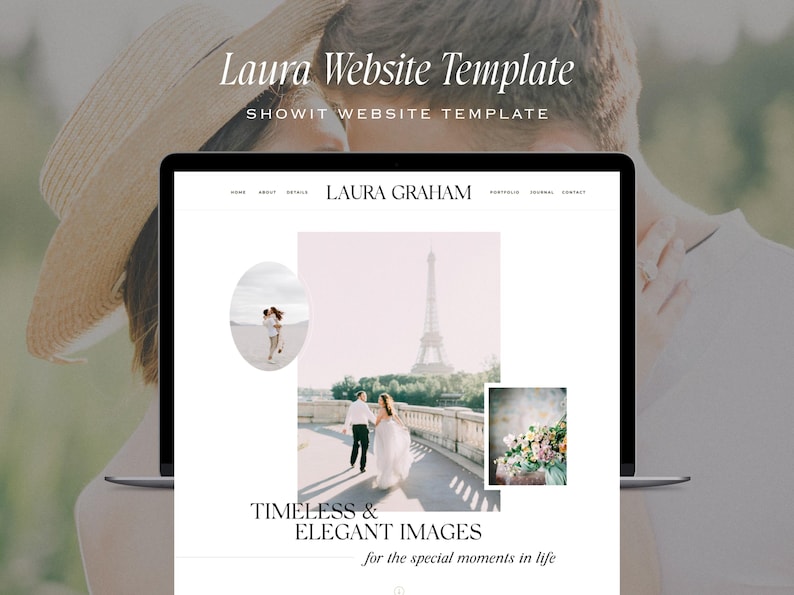 May include: A laptop computer screen displaying a website template for photographers. The website features a light pink background with a photo of the Eiffel Tower in Paris, France. The text "Laura Graham" is displayed at the top of the screen, and the text "Timeless & Elegant Images for the special moments in life" is displayed at the bottom of the screen.