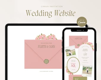 Floral Wedding Website Template, Light Green & Pink, Editable Canva Design (Digital Download)