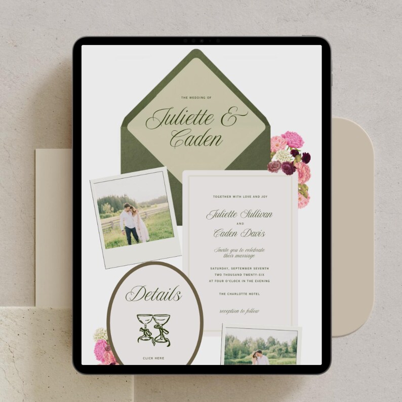 May include: Digital wedding invitation design featuring a green envelope with the names "Juliette & Caden". The invitation includes photos, text, and floral accents. The details card has two champagne glasses and the word "Details".