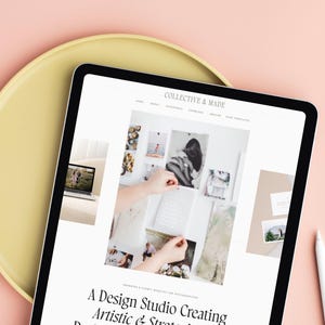 May include: A tablet computer displaying a website for a design studio called "Collective & Made". The website features a photo of a person organizing photos and the text "A Design Studio Creating Artistic & Strategic Brand Identities for Photographers".