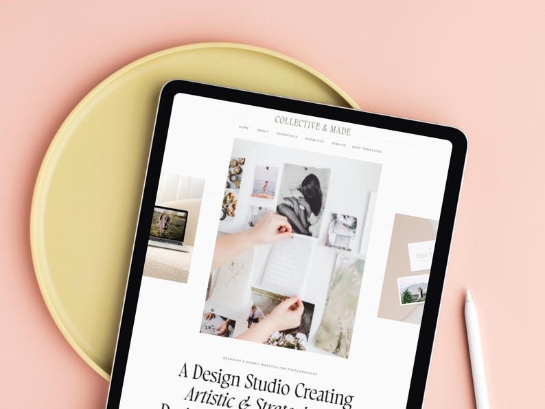 May include: A tablet computer displaying a website for a design studio called "Collective & Made". The website features a photo of a person organizing photos and the text "A Design Studio Creating Artistic & Strategic Brand Identities for Photographers".
