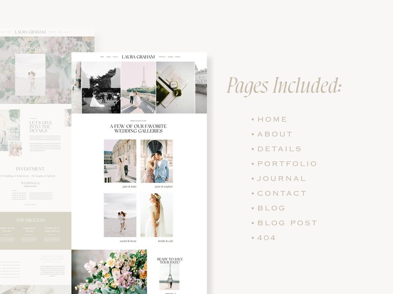 May include: A website homepage for a wedding photographer, Laura Graham. The website features a gallery of wedding photos, a blog, and contact information. The text "A Few of Our Favorite Wedding Galleries" is displayed on the page.