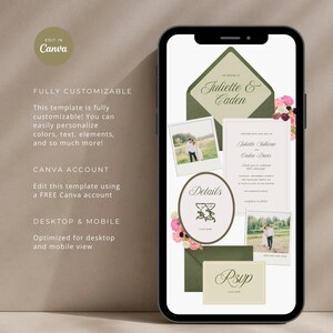 Green & Pink Floral Wedding Invitation Website Template, Editable Canva Design, RSVP Form, Wedding Invite, Digital Download image 2