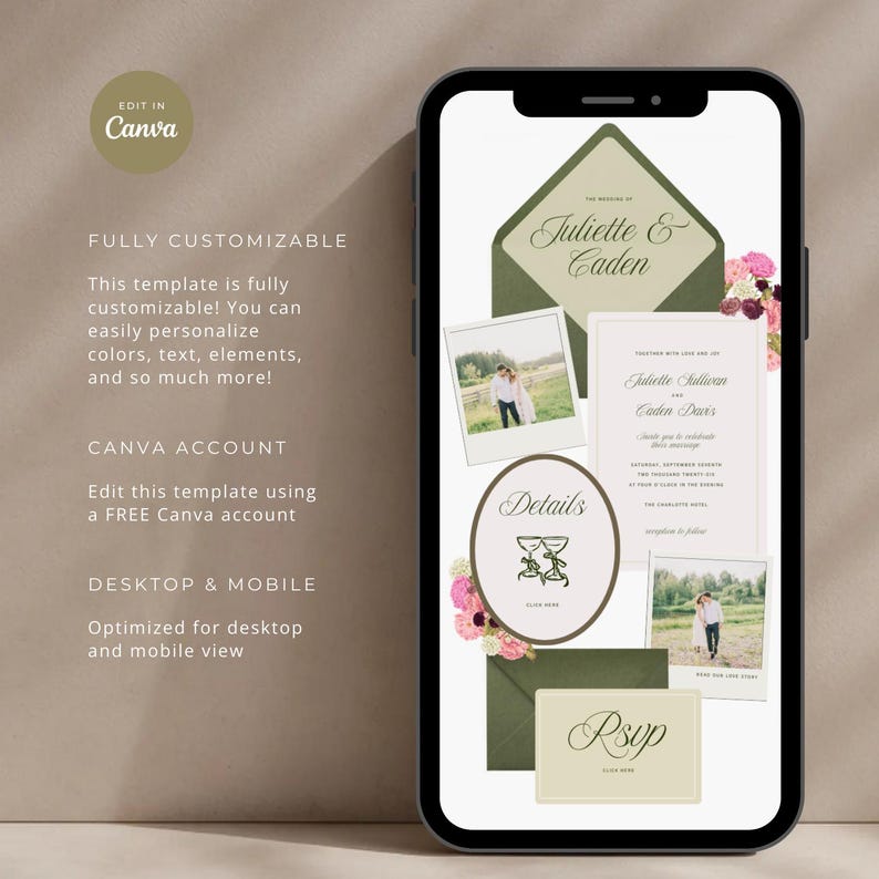 Green & Pink Floral Wedding Invitation Website Template, Editable Canva Design, RSVP Form, Wedding Invite, Digital Download image 2