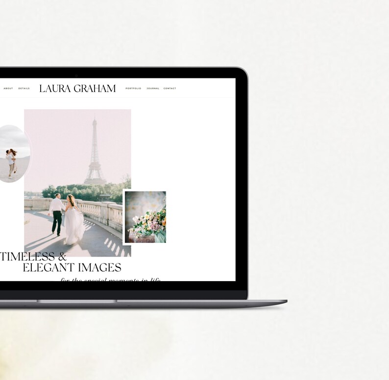 May include: A laptop computer displaying a website with the text "LAURA GRAHAM" and the words "TIMELESS & ELEGANT IMAGES" in black text. The website features a photo of a couple walking in front of the Eiffel Tower in Paris, France.