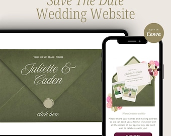 Green & Pink Floral Save The Date Wedding Invitation Website Template, Editable Canva Design, RSVP Form, Wedding Save The Date, Digital